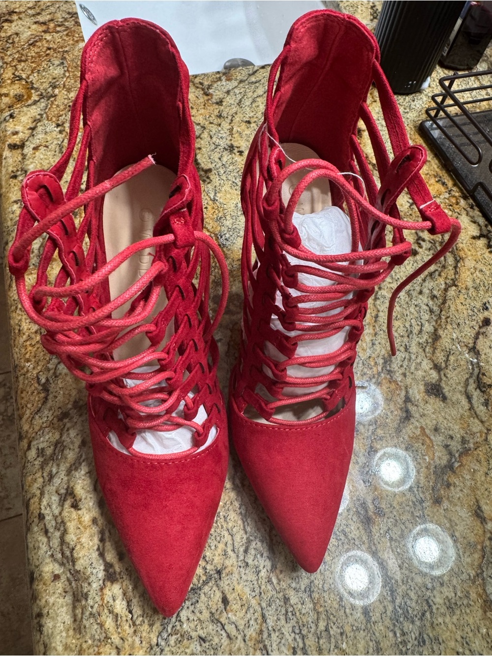 Red Strappy Lace-Up Pointed-Toe High Heels - Picture 6 of 6